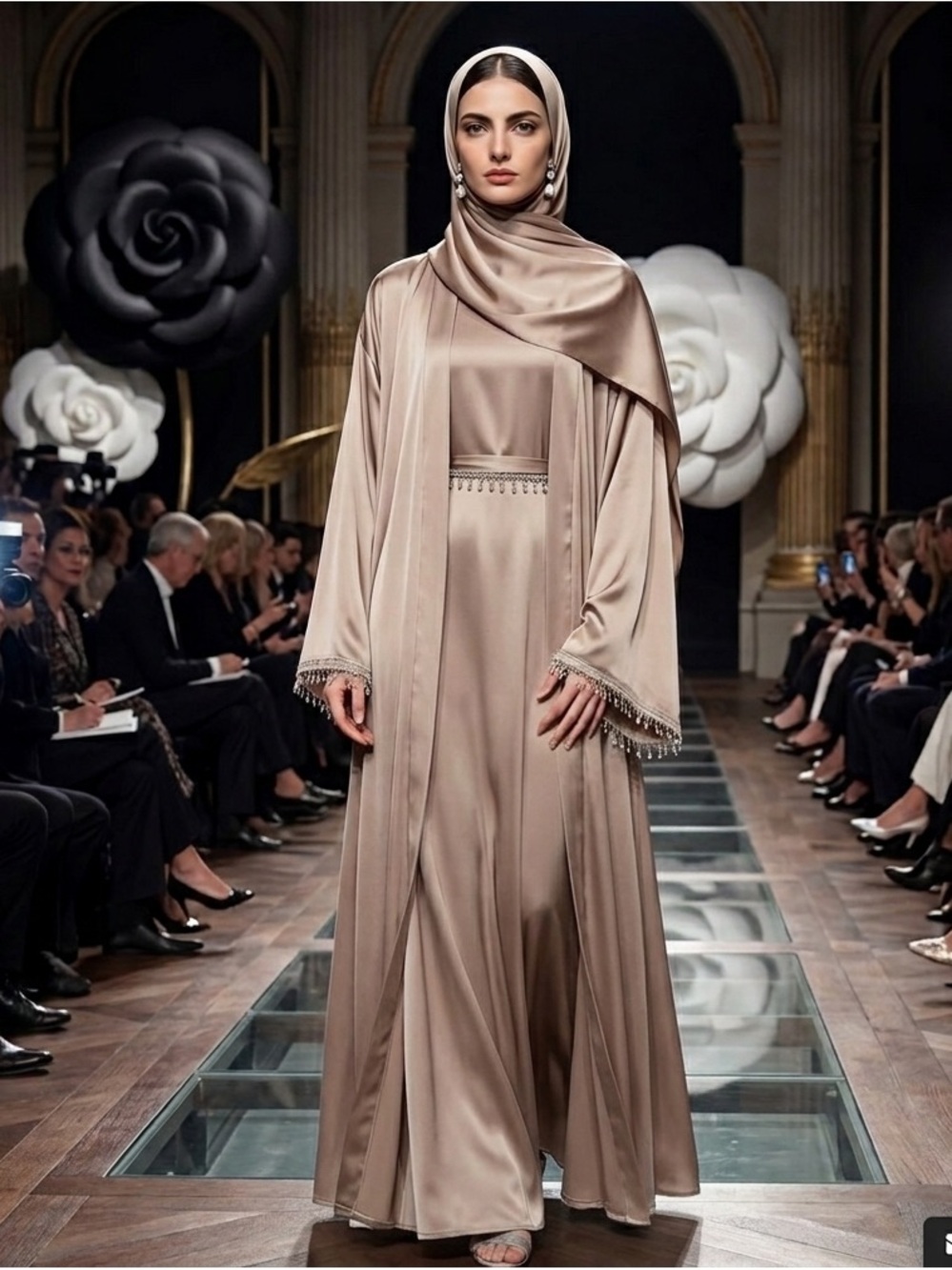 Gold Satin Modest Gown with Rhinestone Trim